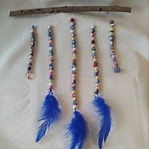 Wall Hanging Colorful Beads Vibrant Royal Blue Feathers On Branch Handcrafted